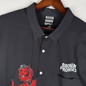 Broken‎ Promises Button Up Shirt Mens L Devil Middle Finger Black Short Sleeve